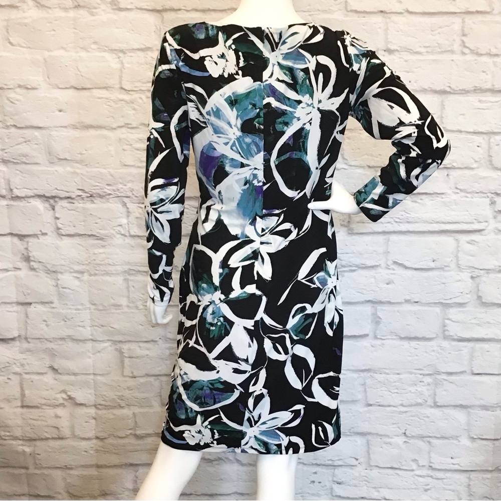 Ralph Lauren 8 LRL Stretchy Ruched Black Floral Long Sleeve Dress Knee Length - Picture 7 of 13